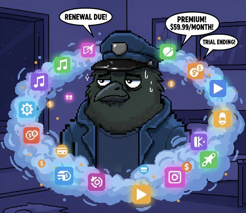A stressed raven surrounded by glowing, expensive app subscription icons.