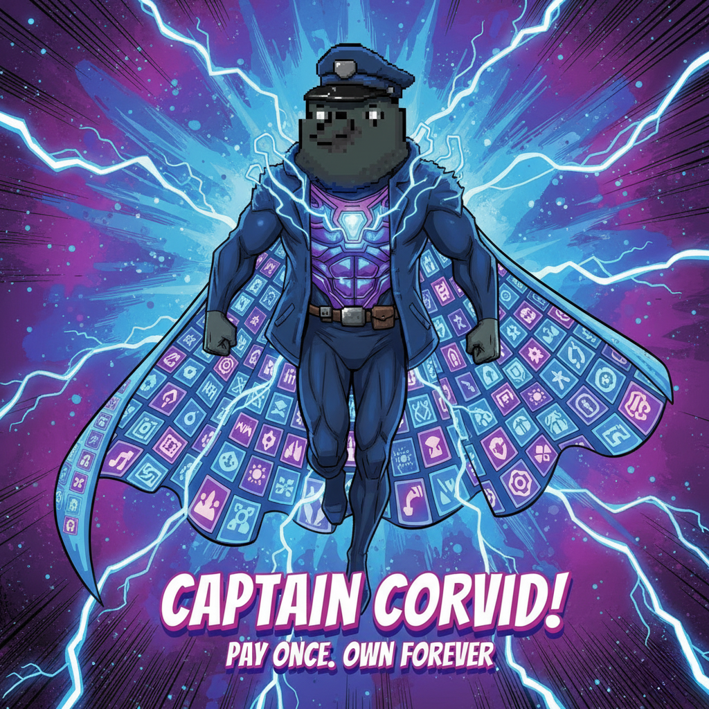 A heroic raven transforming into a superhero with a glowing NFT cape.