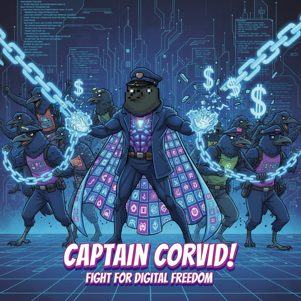 Captain Corvid leading a group of digital avatars breaking chains labeled with dollar signs.