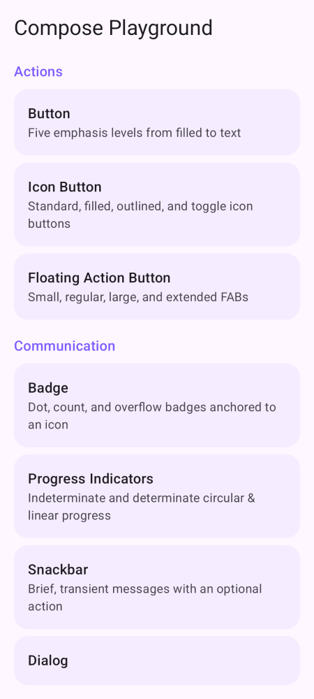 Compose Playground home screen with the component catalog