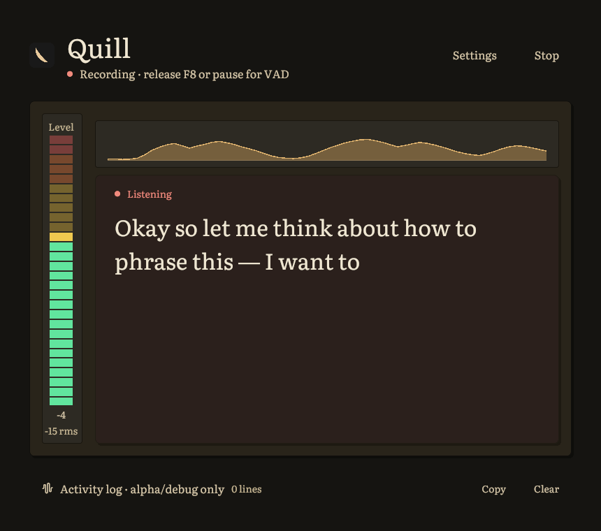 Quill live recording screen with audio meter and partial transcript