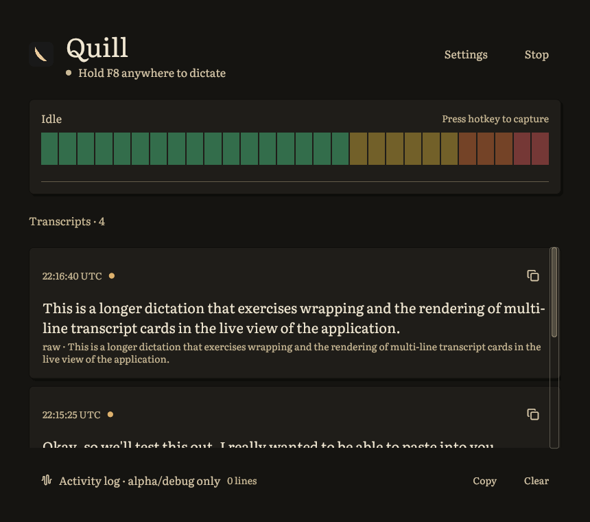 Quill live view with recent transcripts