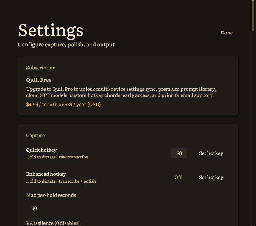 Quill settings view with capture, polish, and output options