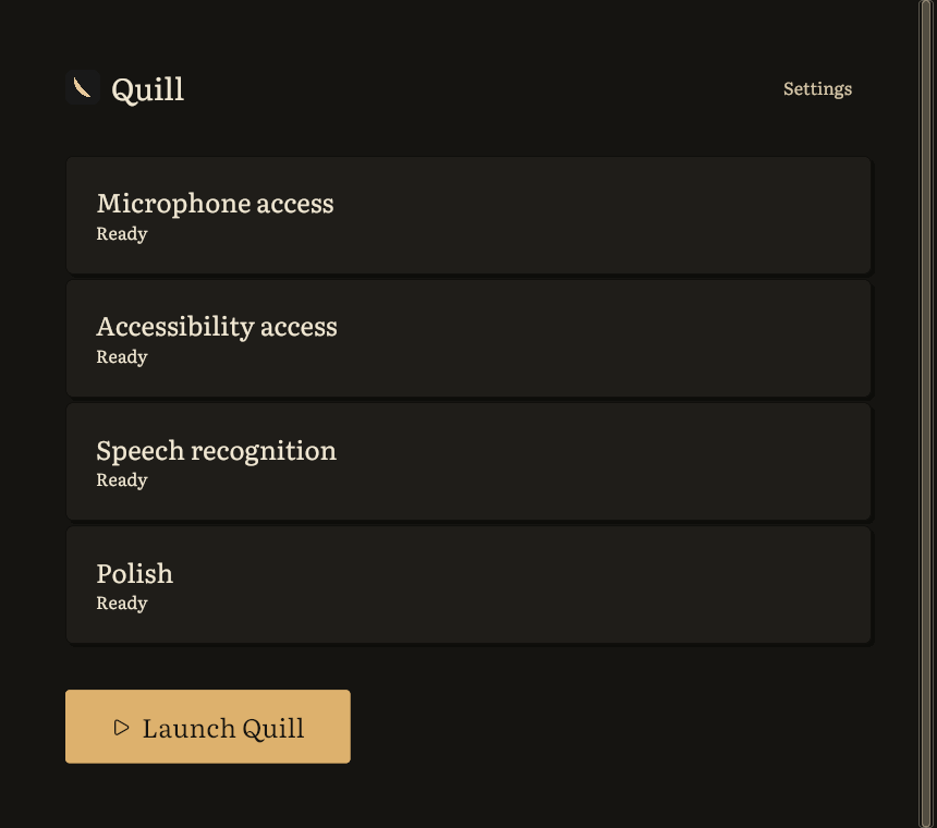 Quill setup screen showing microphone, accessibility, speech recognition, and polish readiness